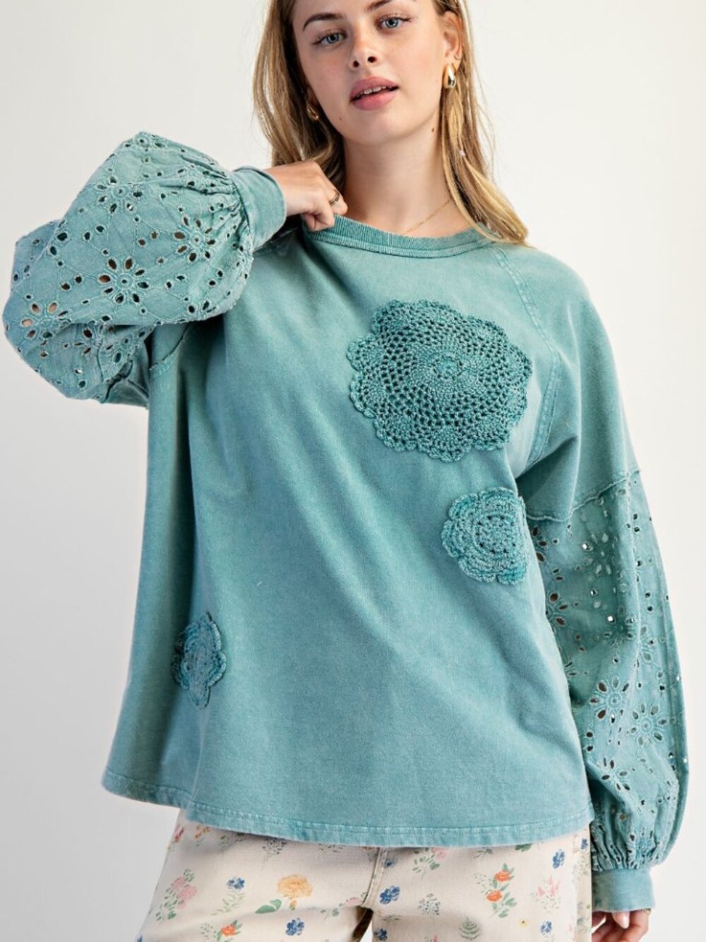 Easel Faded Teal Washed Terry Pullover with Eyelet Lace Design
